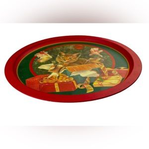 Vintage Round Red Christmas Cat Kitty Kitten Gift Tree Holiday Metal Tray
